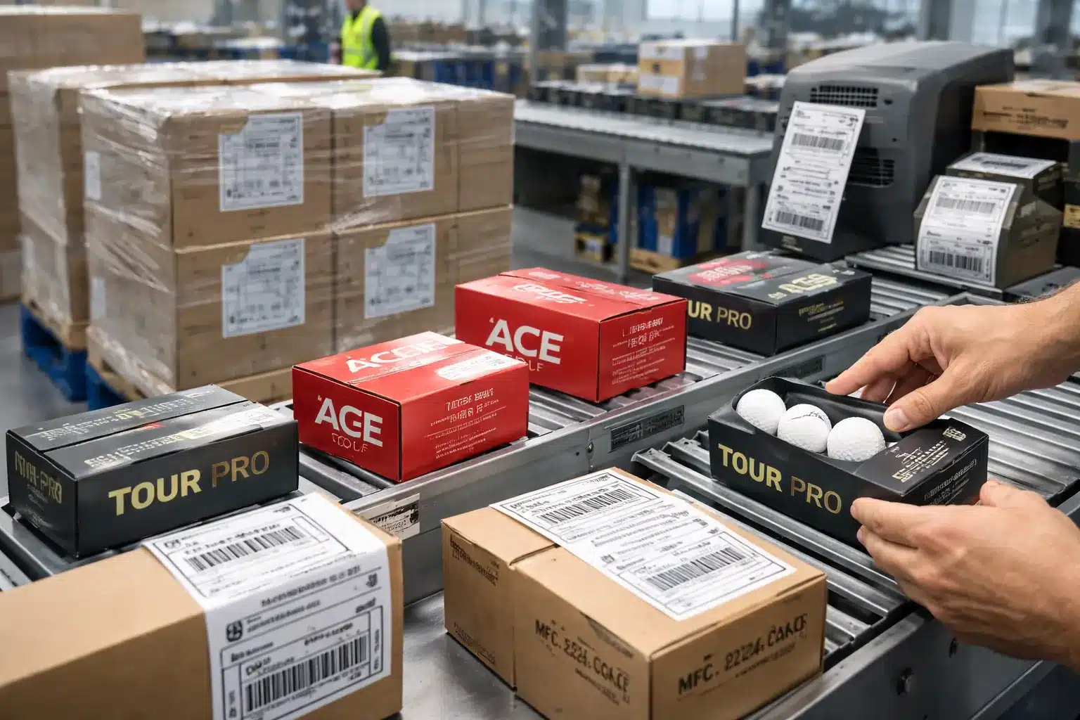 ゴルフボールOEMの出荷梱包・ラベル貼付 検品後のロゴ入りゴルフボールOEM製品を出荷ラインで箱詰めし、バーコード配送ラベル貼付と梱包確認を行い海外向けパレットへ積載する工程