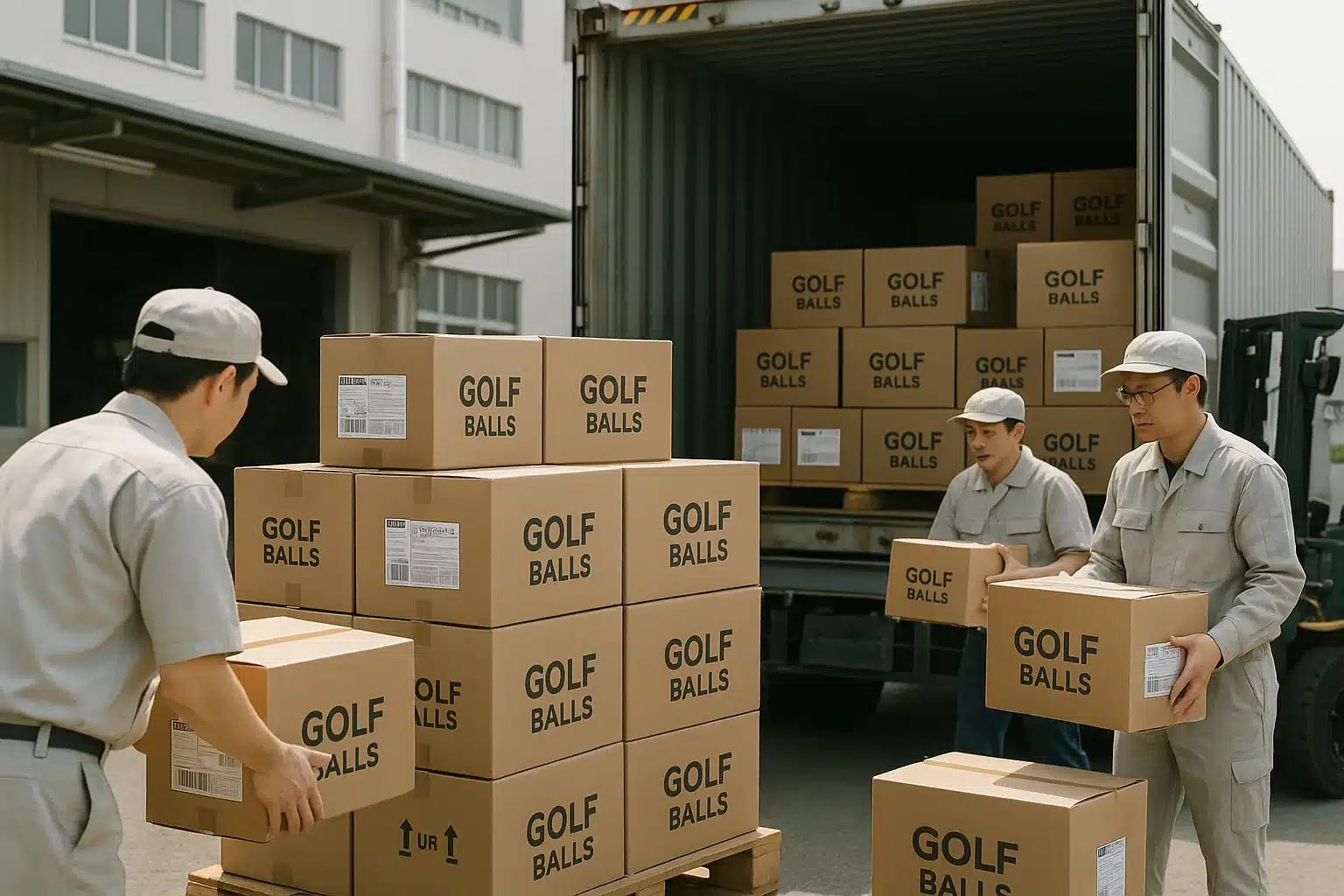 工場でのOEMゴルフボール大量出荷作業風景 OEMゴルフボールを詰めた段ボール箱を工場の積み込みエリアでトラックコンテナに積み込み、海外出荷に向けて手作業でパレット整理を行う様子