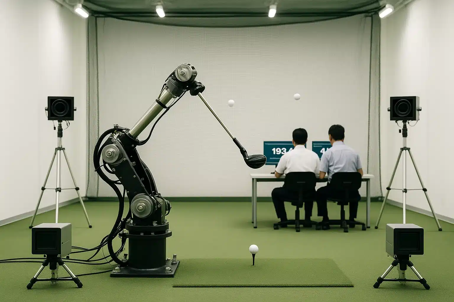 ロボットによるゴルフボール弾道試打テスト 専用ロボットアームがティー上のゴルフボールを再現性の高いスイングで打ち出し、一貫した条件で弾道計測器とモニターで性能データを解析する試打テスト室の様子