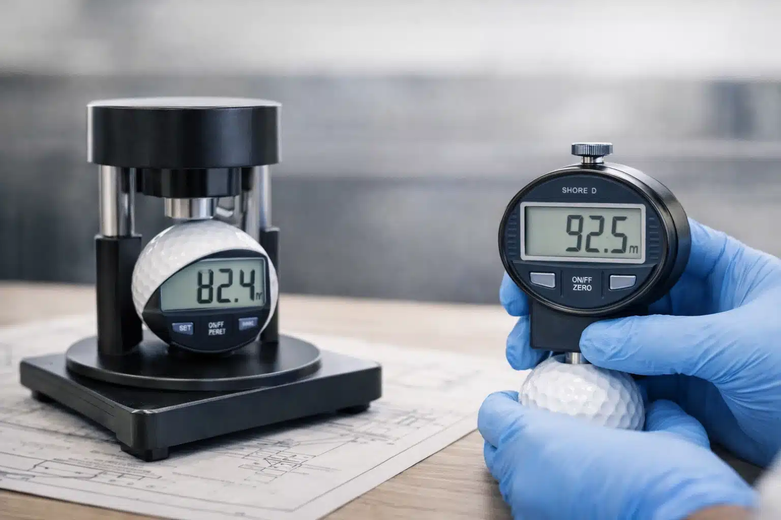 OEMゴルフボールのショアD硬度測定・品質検査 OEMゴルフボールの硬度をショアD硬度計で測定し、工場ラインで量産前に圧縮特性と反発規格を照合して素材ばらつきを管理・記録する厳密に品質検査工程