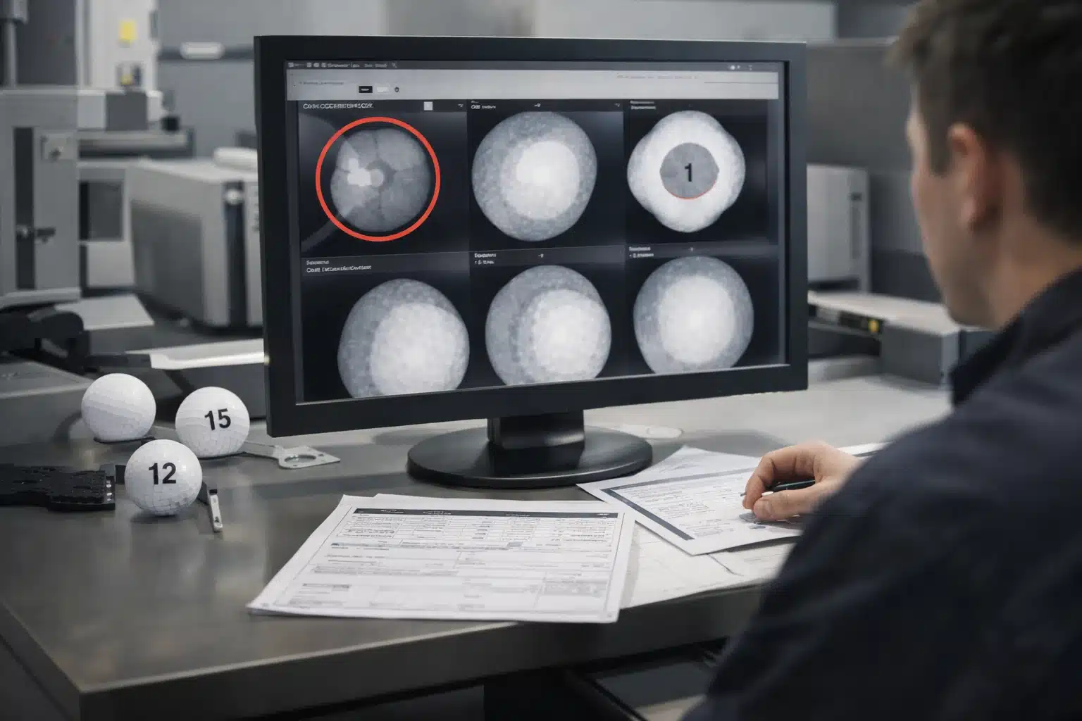 OEMゴルフボールのX線内部検査と品質管理 OEMゴルフボール量産ロットをX線検査装置で透視し、モニターで内部欠陥や芯ずれを判定して検査票に記録する品質管理工程