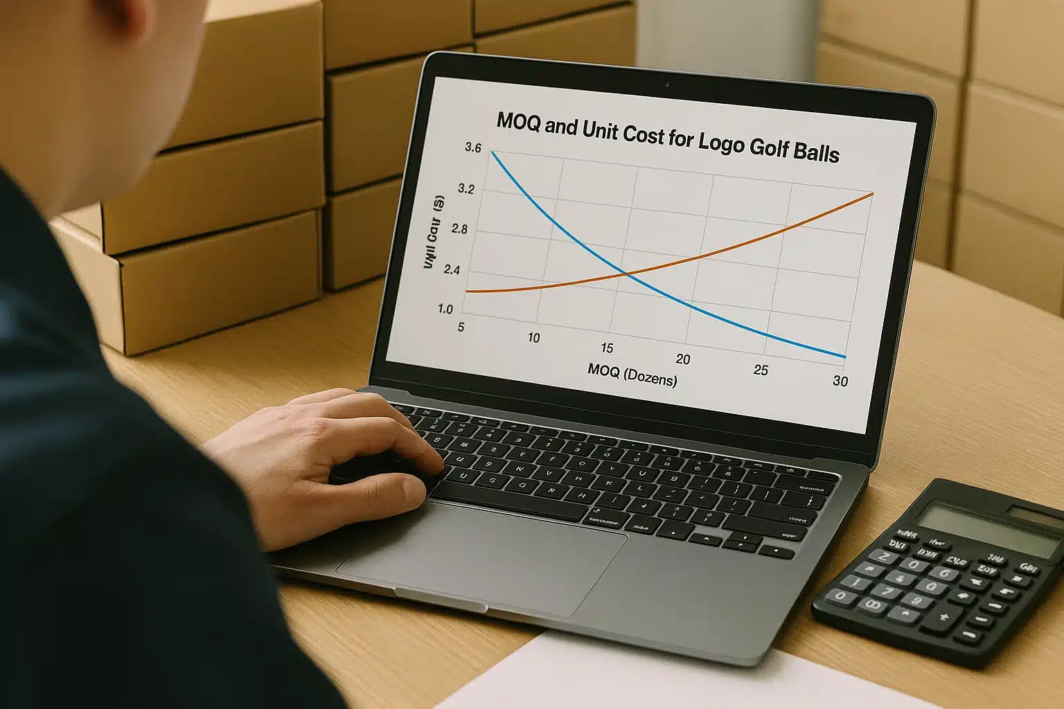 名入れゴルフボールのMOQと単価グラフ確認 名入れゴルフボールのMOQと単価の関係を示すグラフをノートPCで確認し、ロット別の見積もり価格を詳細にシミュレーションする営業担当者の手元