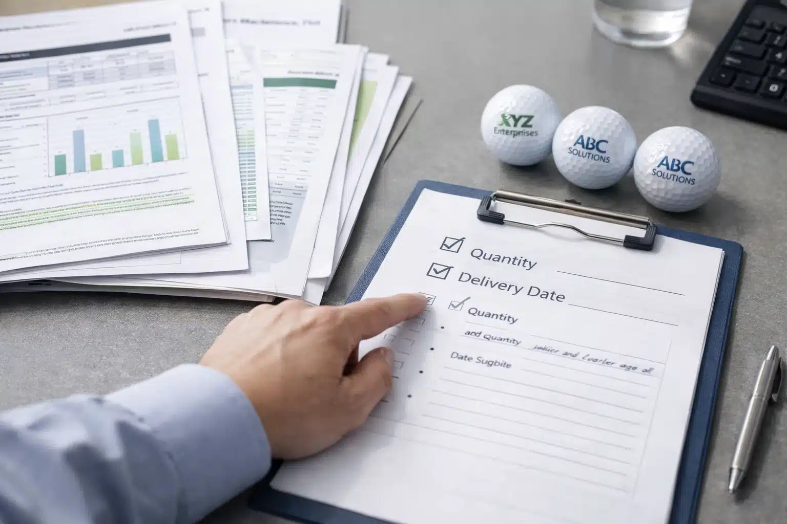 法人向け名入れゴルフボールの発注確認 オフィスで法人向けロゴ印刷の名入れゴルフボールをOEM発注するため、サンプルを参照しながら書類で数量と納期を確認する手配工程