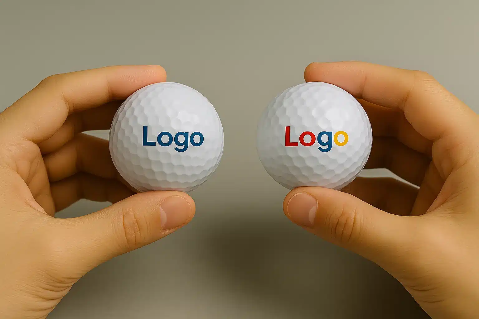 名入れゴルフボールのロゴ仕上がり比較シーン 名入れゴルフボールを両手に持ち、左に1色ロゴ、右にフルカラーロゴを並べて仕上がりの発色とブランド表現の違いを比較するシーン、法人向けノベルティ制作