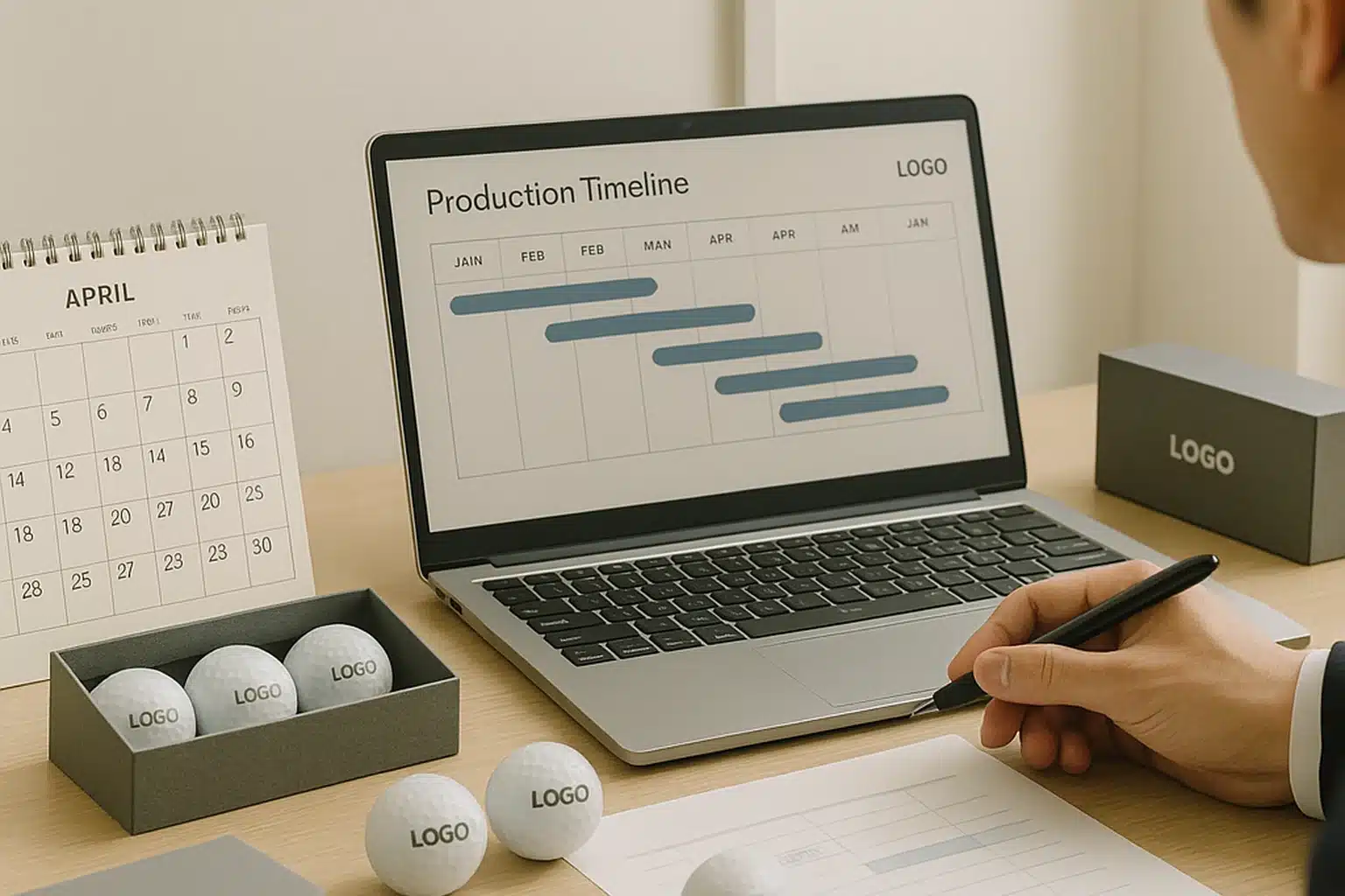 名入れゴルフボールの生産スケジュール管理 名入れゴルフボールOEM案件の量産計画を、ノートPCのガントチャートとカレンダーを見ながら調整し、納期スケジュールを確認する担当者のデスク周り