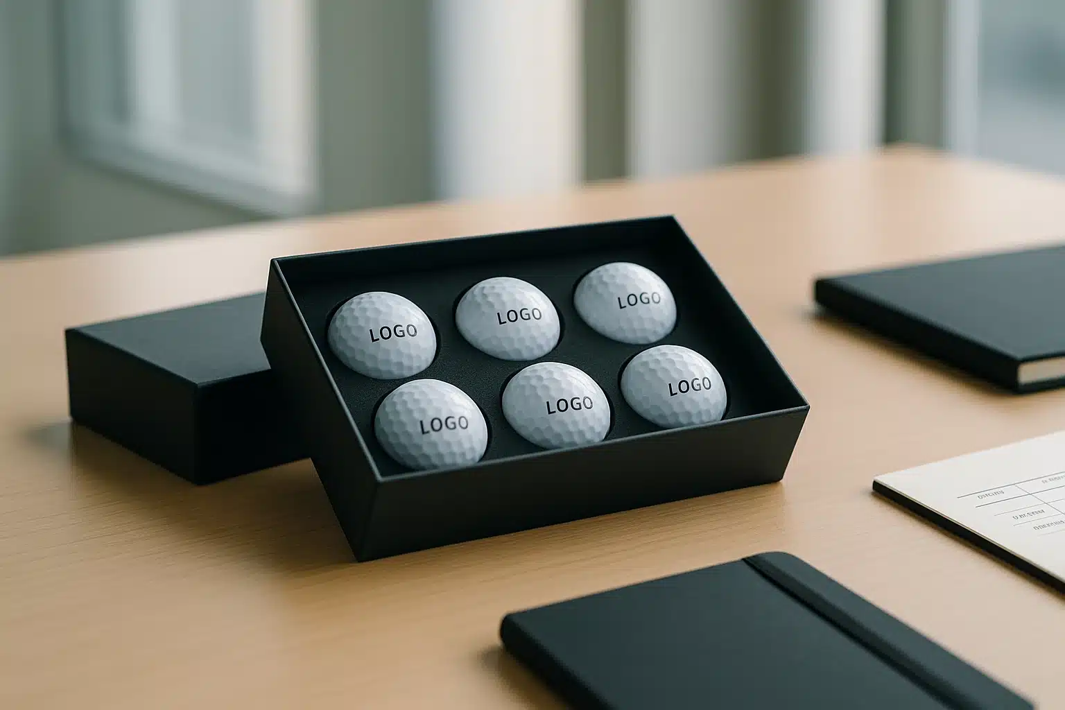 法人向けギフト用企業ロゴ入りゴルフボールセット 法人向けギフトとして提案される、企業ロゴ入りゴルフボール6個を収めた黒いギフトボックスがオフィスのデスク上に置かれているシーンで、来客へのノベルティや記念品として利用できる