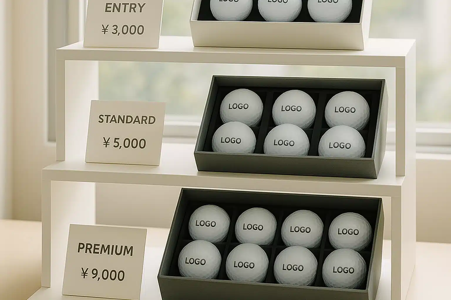 価格帯別法人向けロゴ入りゴルフボールギフトセット 法人向けギフト用の企業ロゴ入りゴルフボールセットが、エントリー・スタンダード・プレミアムの3価格帯別に棚に陳列され、予算に応じて選びやすく紹介されている