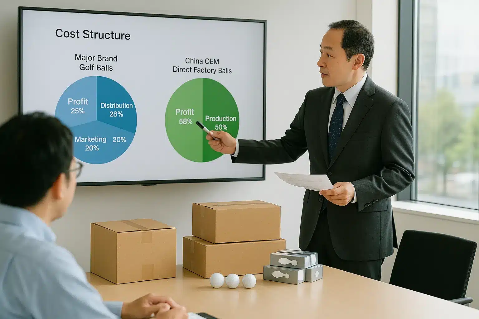 OEMゴルフボールのコスト構造比較プレゼン 中国OEMゴルフボールのコスト構造と大手ブランド品の内訳を会議室で比較しながら、法人向け担当者がコスト削減効果を説明している場面