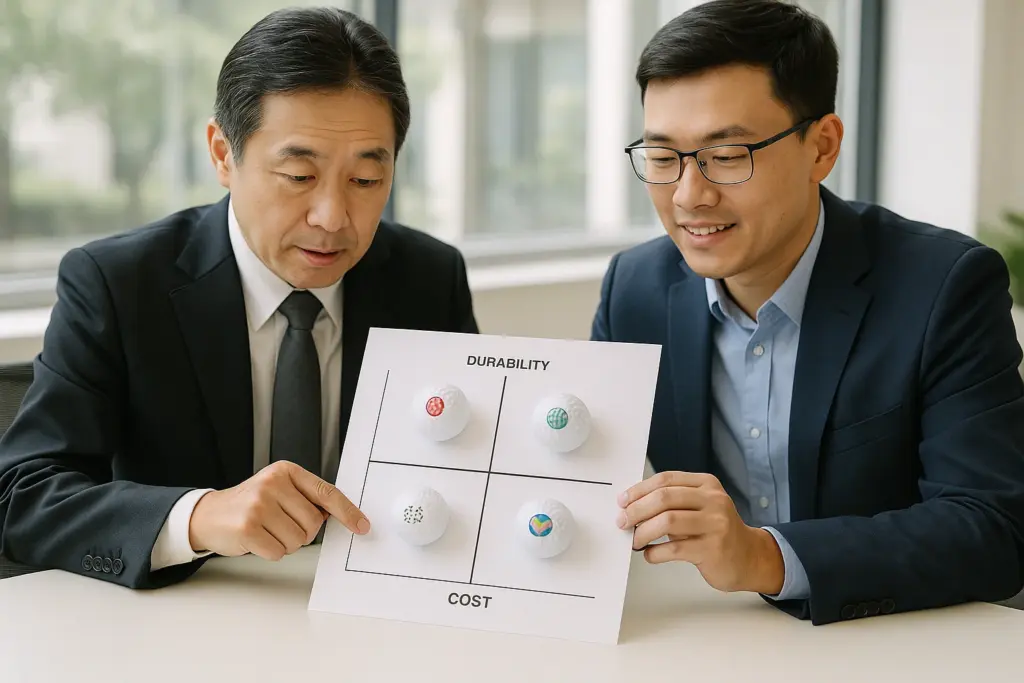 法人向けOEMゴルフボールの耐久性とコスト比較チャートを前に製品仕様と価格帯を検討するビジネスマン2人