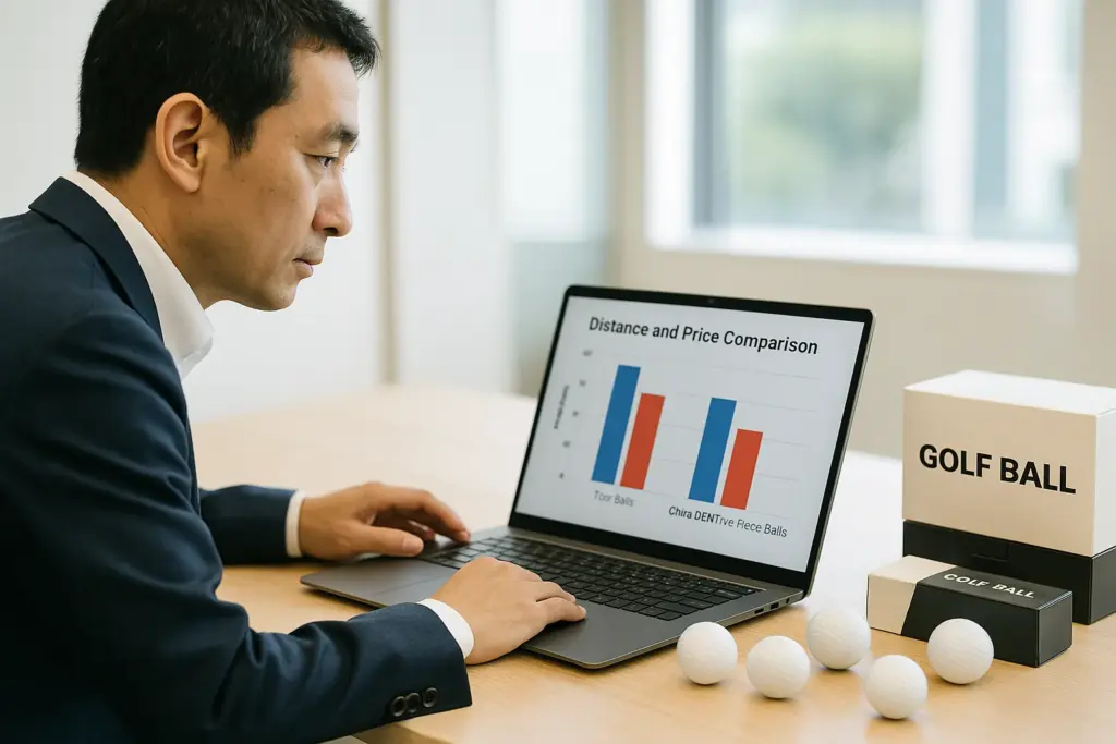 法人担当者がノートPCのグラフを見ながらOEMゴルフボールの飛距離と価格のコストパフォーマンスを比較検討している様子