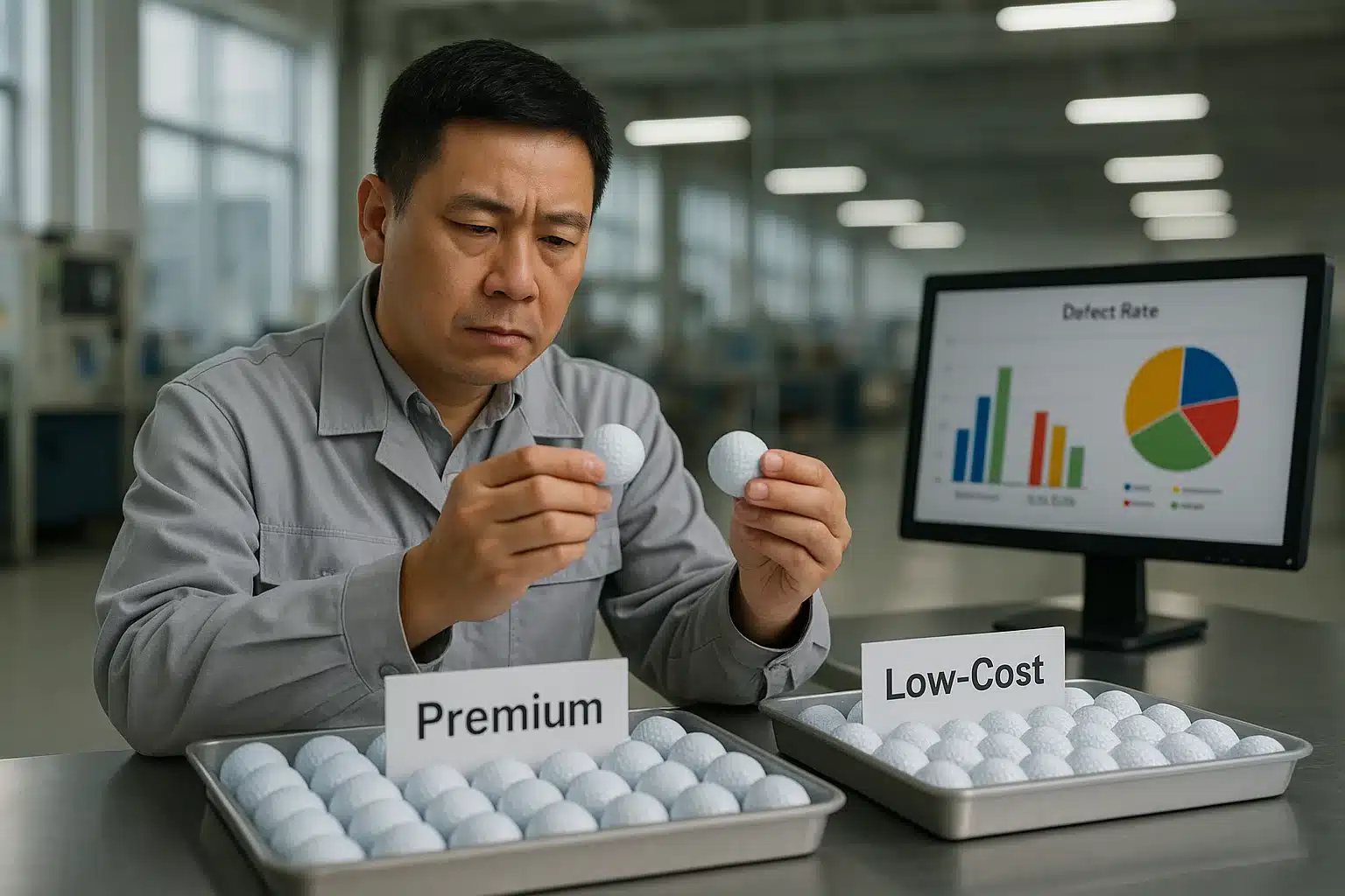 プレミアムと低価格ゴルフボールの品質比較 出荷前の工場ラインで技術者がプレミアムと低価格のゴルフボールを手に取り、表面状態と欠陥率グラフを確認しながらOEM品質の差を詳細に比較検査している様子