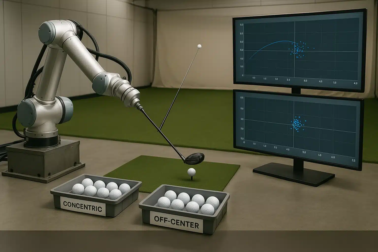 ロボットによるOEMゴルフボール弾道試験 ロボットスイング試験機で同心と芯ずれのOEMゴルフボールを打ち出し、弾道データと散布図を比較して飛距離と方向性への影響を検証する性能評価試験