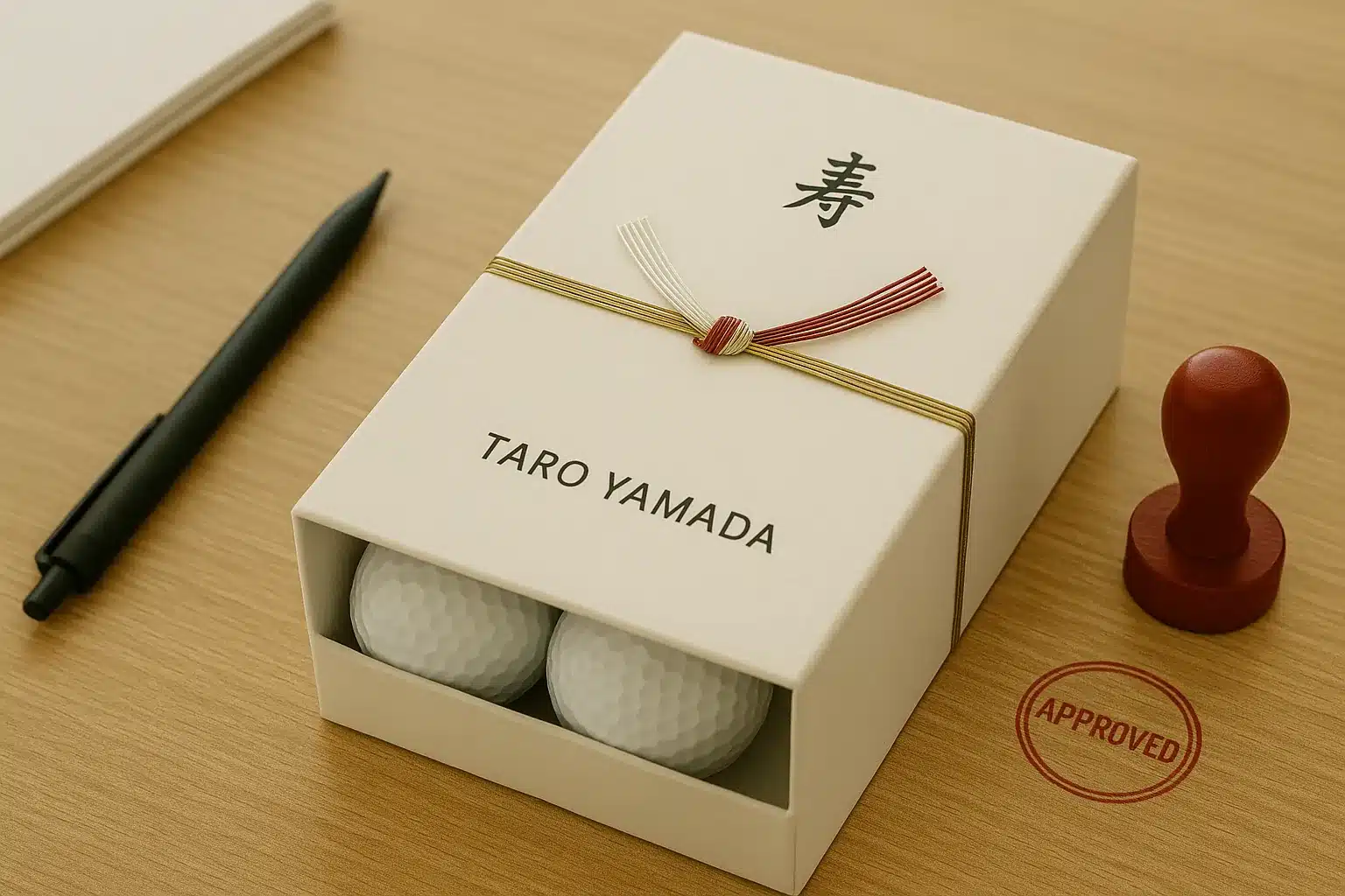 寿デザインの名入れゴルフボールギフト箱 OEM対応 寿のし水引付きギフト箱に名入れゴルフボール2個を収め、印字と包装デザインを机上で承認前に最終チェックする婚礼・法人贈答向けOEM出荷準備工程