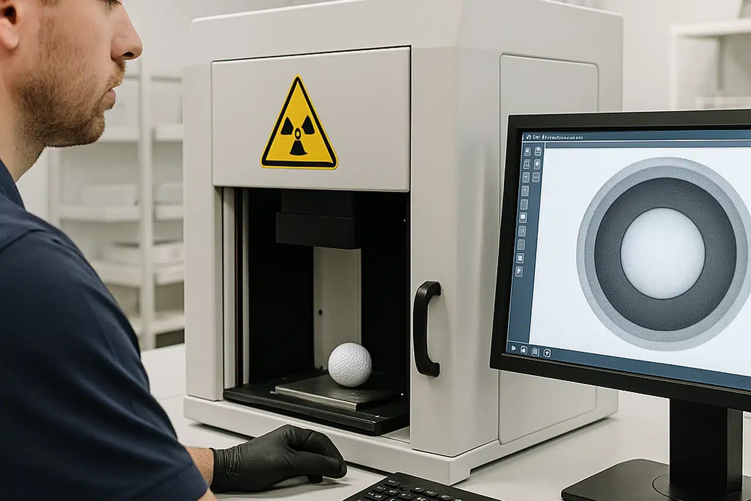 X線によるOEMゴルフボール内部品質検査 検査担当者がOEMゴルフボールをX線装置にセットし、モニター上の断面画像でコアの同心度と芯ずれを確認する内部品質検査工程として飛距離の安定性を管理