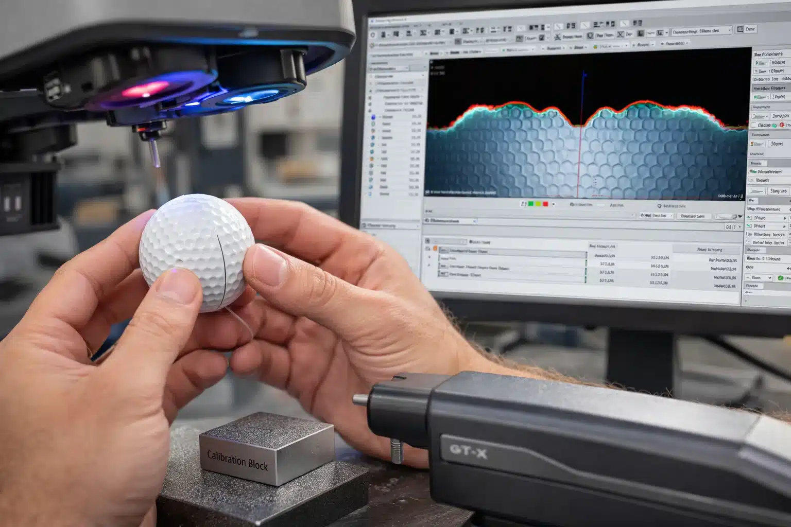 ゴルフボールのディンプル3D測定と品質検査 3D測定機でゴルフボールのディンプル形状をスキャンし、解析ソフトで寸法データと公差を確認するOEM品質検査工程