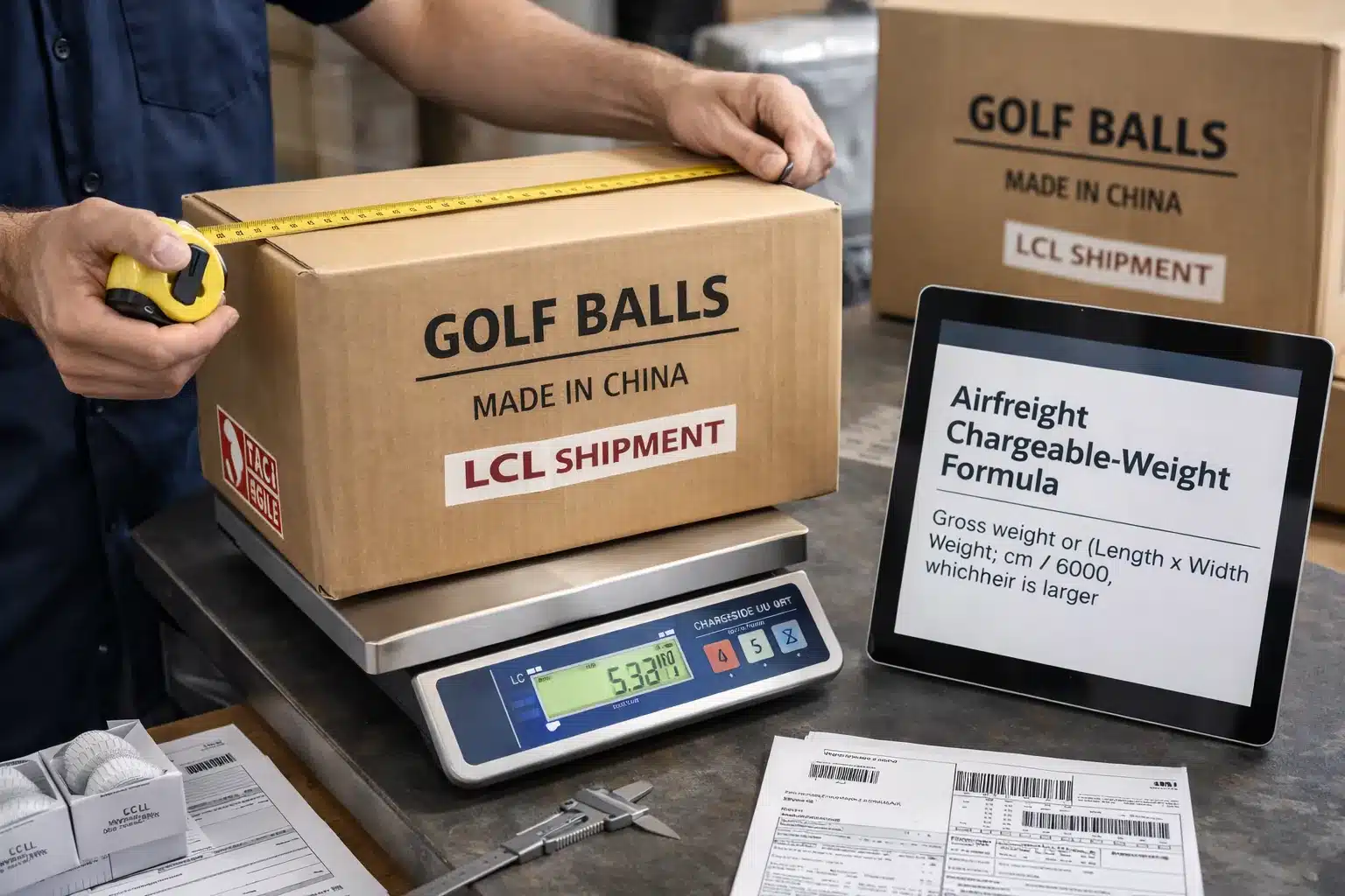 ゴルフボールLCL出荷の容積重量算出作業 日本向け輸出前に倉庫で、中国製OEMゴルフボールのLCL出荷用カートンを計測・計量し、容積重量と輸送費を算出する担当者