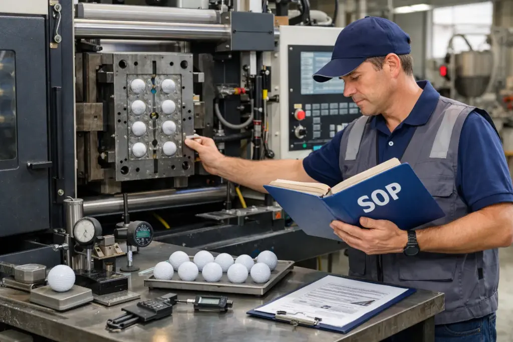 ゴルフボール成形ラインで金型をSOPに基づき点検し、サンプル球の寸法測定で品質検査を行うOEM工場の担当者