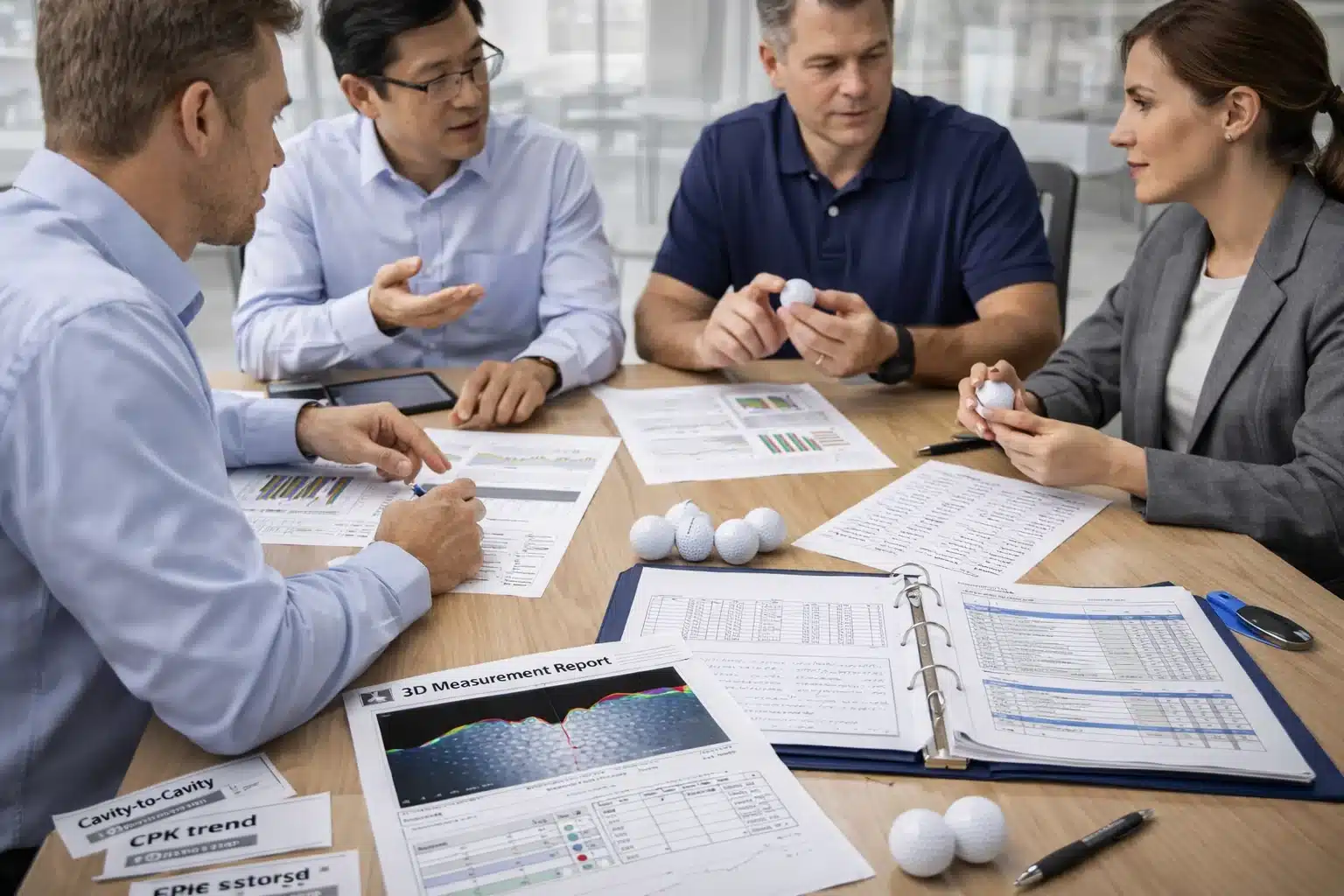 ゴルフボールOEMの仕様検討ミーティング ゴルフボールOEM開発の打ち合わせで、3D測定レポートやCPKデータを確認しサンプル球の仕様を検討する担当者