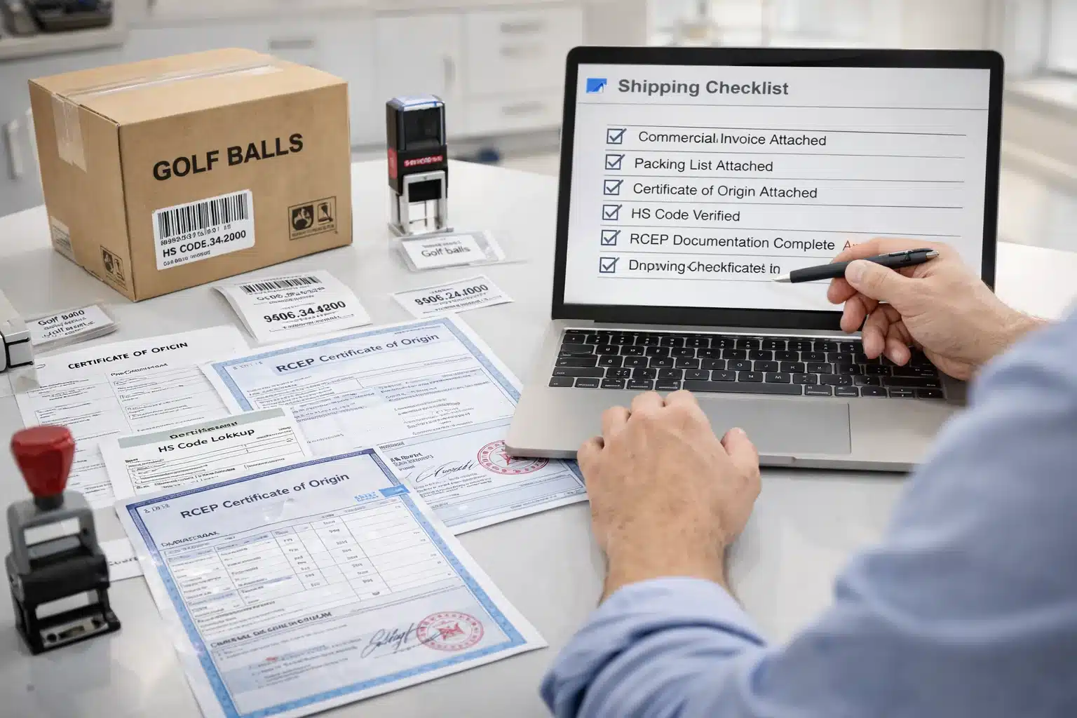 ゴルフボールOEM輸出の出荷書類チェック ゴルフボールOEMの出荷準備で、インボイス・梱包明細・HSコード・原産地証明書をチェックリストで照合する物流担当者