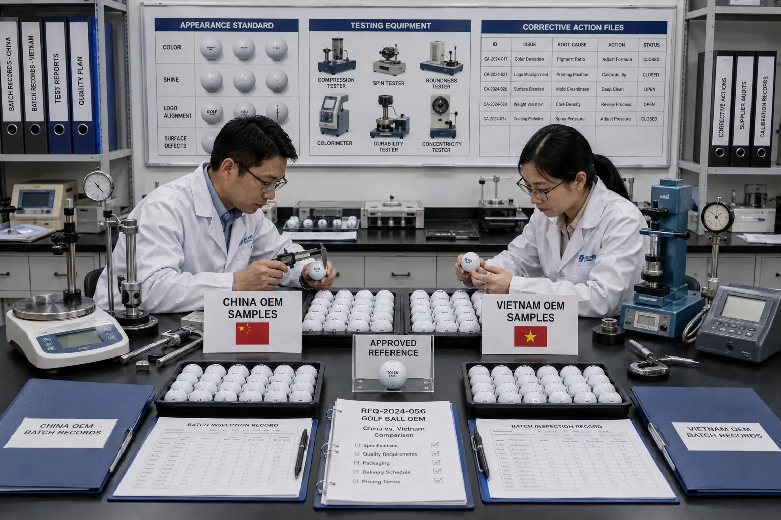中国・ベトナムOEMサンプルの品質比較検査 品質検査室で技術者が中国とベトナムのゴルフボールOEMサンプルを承認見本やロット記録と照合し、外観、寸法、圧縮、耐久性を比較して供給先の品質を評価する工程