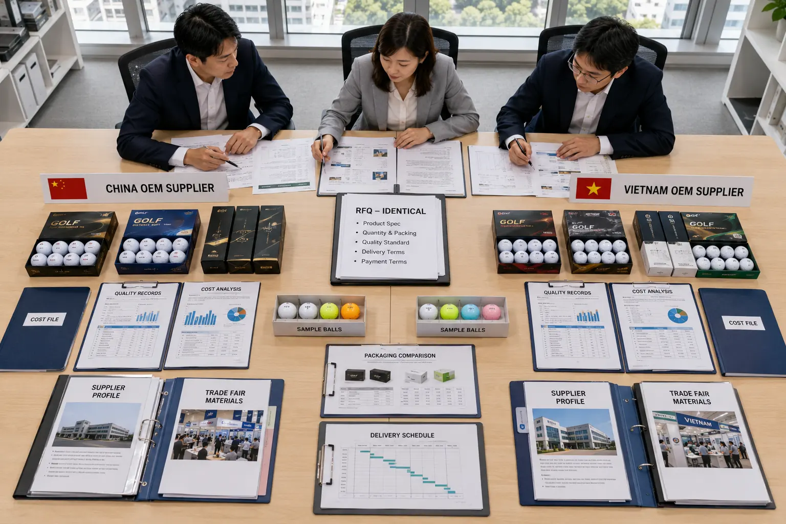 中国・ベトナムのゴルフボールOEM比較 商談室で担当者が中国とベトナムのゴルフボールOEM供給業者について、同一RFQに基づく製品仕様、品質記録、原価、包装、納期を比較し、最適な調達先を選定する会議