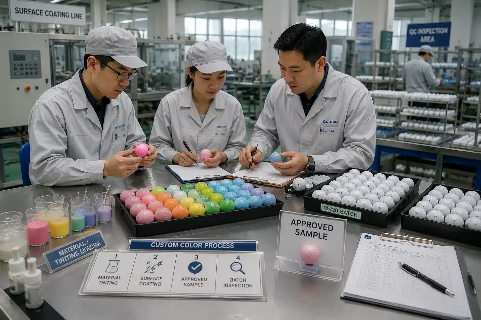 ゴルフボールOEMのカラー塗装・外観検査 ゴルフボール工場の表面コーティング工程で品質管理担当者が着色サンプルと承認見本を照合し、色調、塗膜、外観を確認してOEMロットの仕上がりを検査する工程
