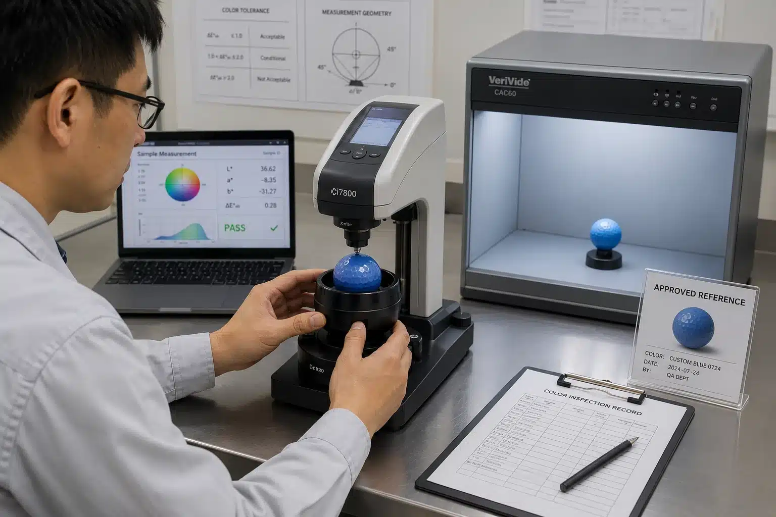 ゴルフボールOEMの色差測定・承認見本検査 品質検査室で担当者が分光測色計を使って青色ゴルフボールの色差を測定し、承認見本と照明条件を照合してOEM製品のカラー品質を判定する工程