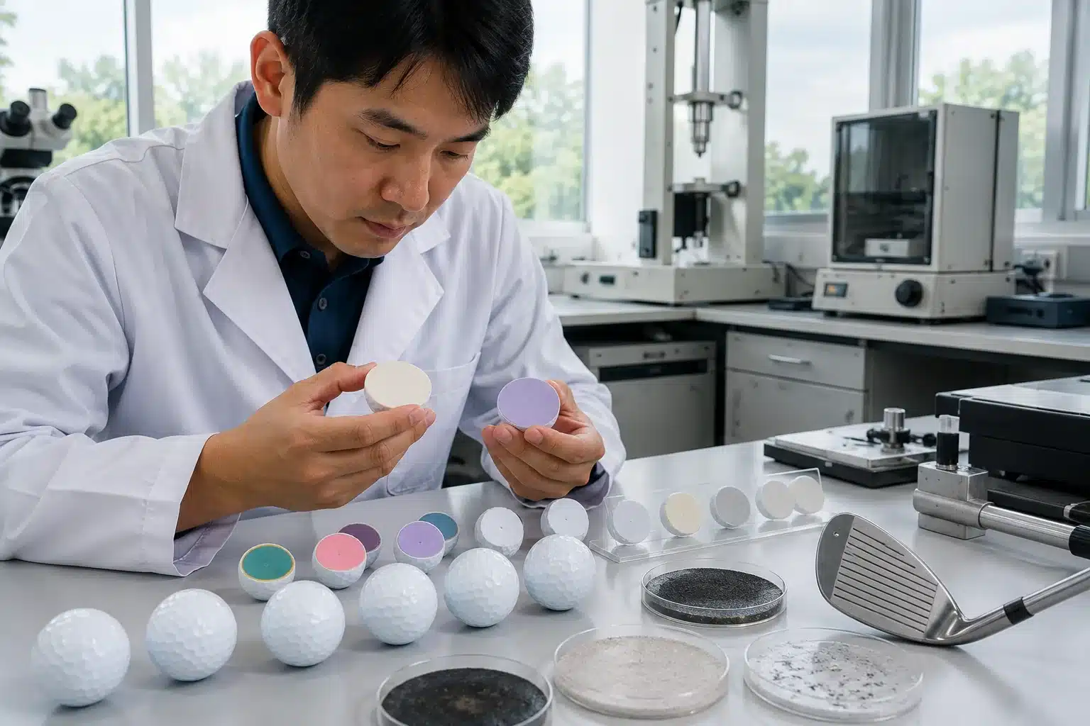ゴルフボールOEMのコア素材・硬度比較試験 研究室で技術者がゴルフボールのコア素材サンプルを手に取り、断面部材や試験装置と照合しながら硬度と素材特性を品質基準に基づいて比較するOEM開発工程