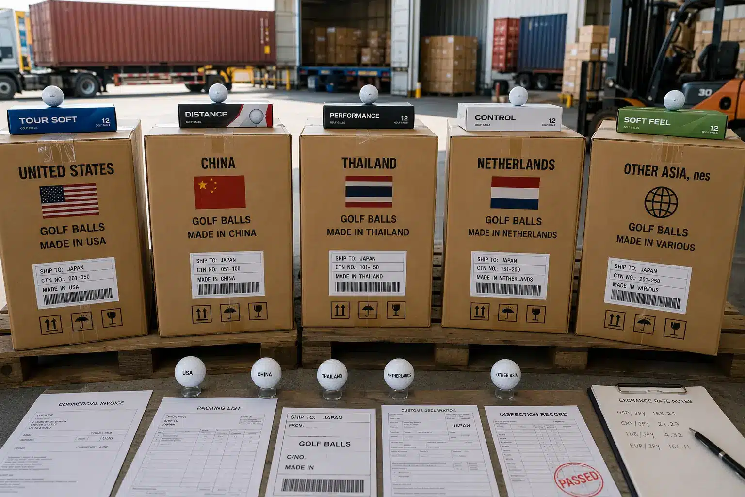 日本向けゴルフボールOEMの生産国別調達比較 国際物流倉庫で米国、中国、タイ、オランダなど生産国別のゴルフボールと輸出書類を並べ、日本向け調達に向けて製品仕様、品質、為替条件を比較するOEM選定工程