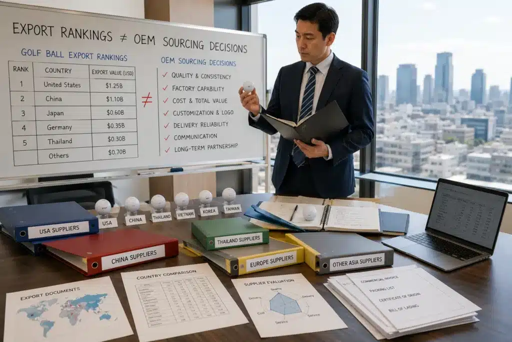 会議室で担当者が各国のゴルフボール輸出資料と供給業者サンプルを照合し、品質、工場能力、コスト、納期を比較して日本向けOEM調達先を選定する検討工程