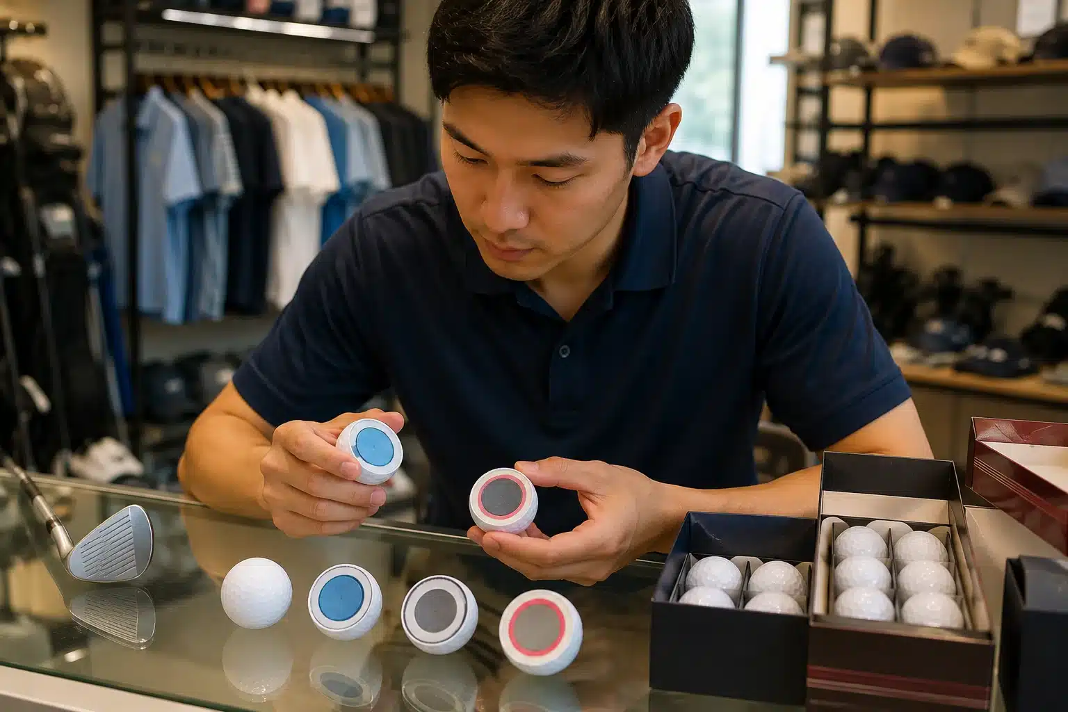 ゴルフボールOEMの断面構造・製品仕様比較 ゴルフショップのカウンターで担当者が箱入りゴルフボールと複数の断面サンプルを比較し、2ピース構造や多層構造の違いを確認してOEM製品仕様を選定する場面
