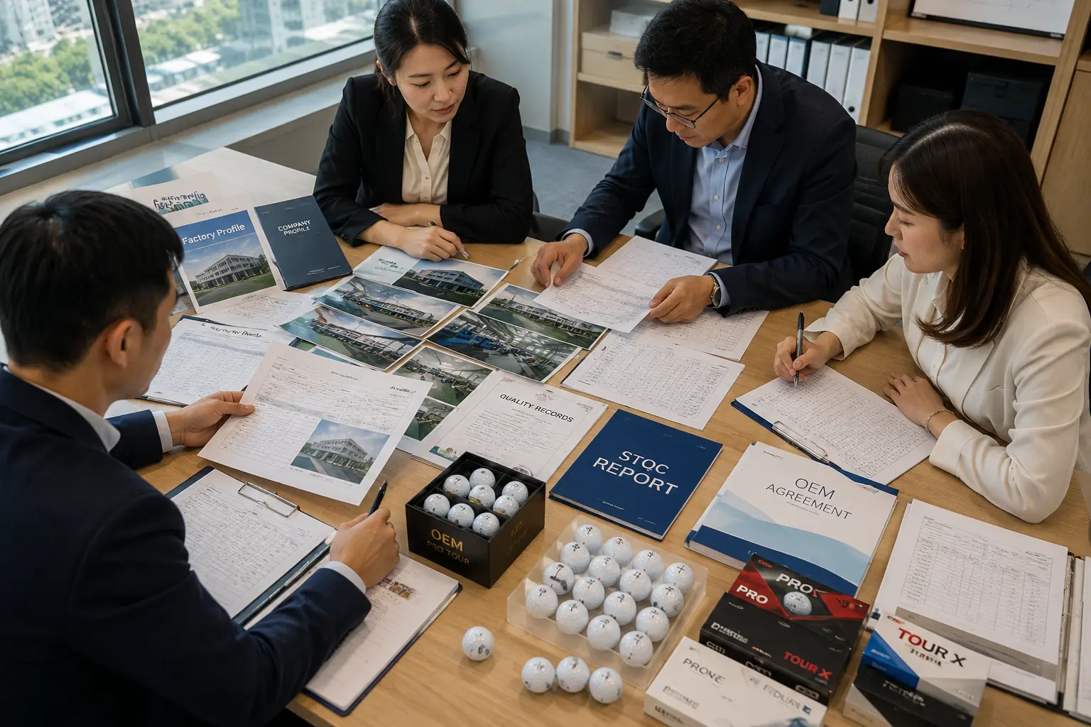 ゴルフボールOEMの工場監査・契約審査会議 商談室で担当者が工場資料、品質記録、在庫報告、ゴルフボールと包装サンプルを照合し、OEM契約に向けて供給体制と製品仕様を審査する取引先評価会議