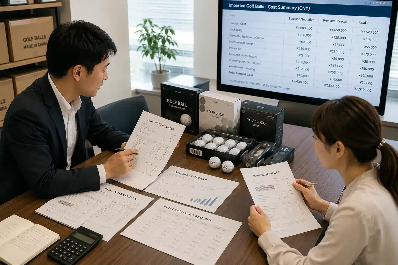 日本向けゴルフボールOEMの輸入原価確認 商談室で担当者がロゴ入りゴルフボールと包装サンプルを確認し、運賃、関税、為替、倉庫費用を照合して日本向けOEM商品の輸入原価を算出する打ち合わせ