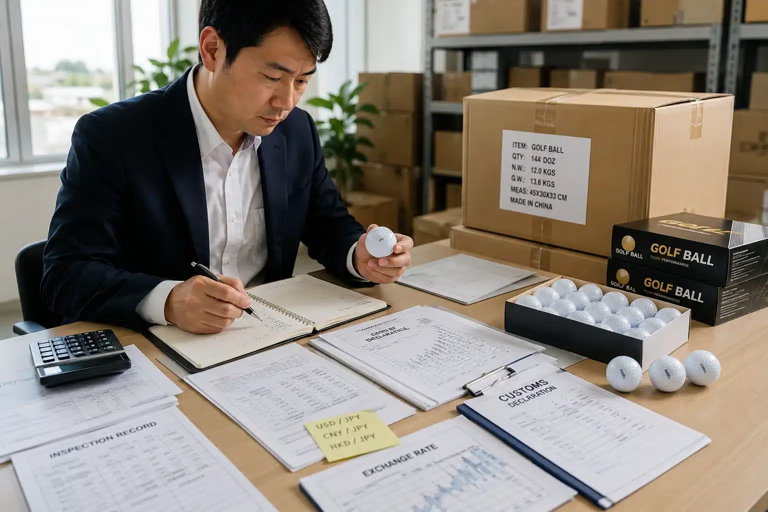 日本向けゴルフボールOEMの通関書類確認 輸出倉庫で担当者がゴルフボールと梱包箱を確認し、検査記録、為替資料、税関申告書を照合しながら日本向けOEM製品の通関書類を作成する出荷準備工程