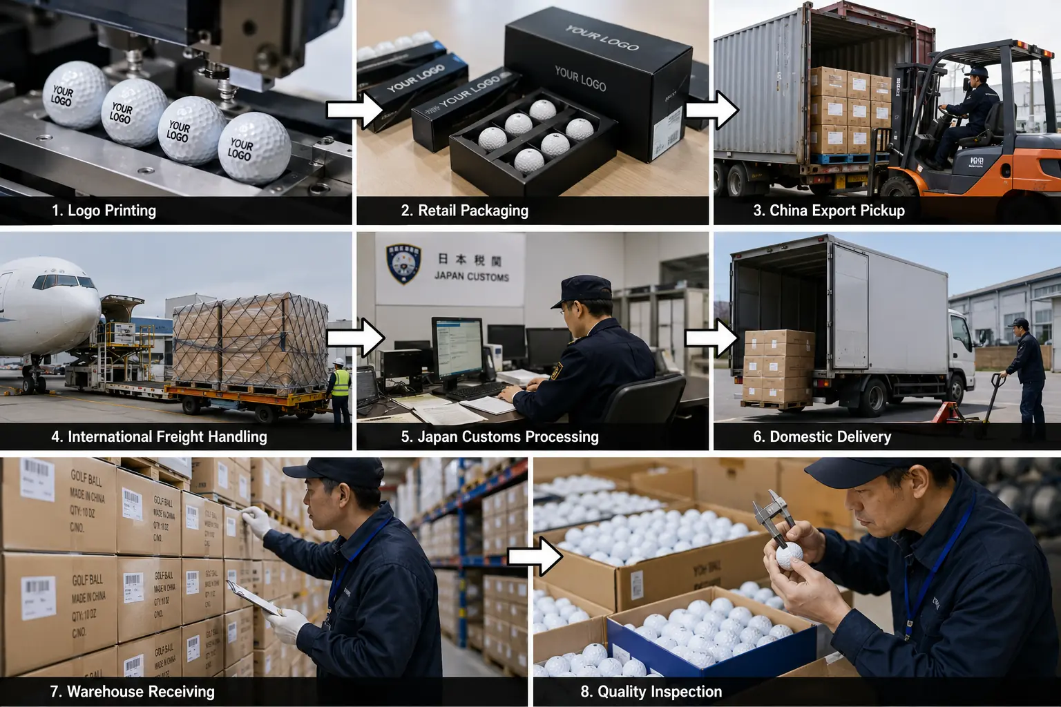 日本向けゴルフボールOEMの納品物流工程 中国工場でのロゴ印刷と小売包装から国際輸送、日本税関、国内配送、倉庫受入、品質検査まで、ゴルフボールOEMの日本向け納品工程を一連で示す物流フロー