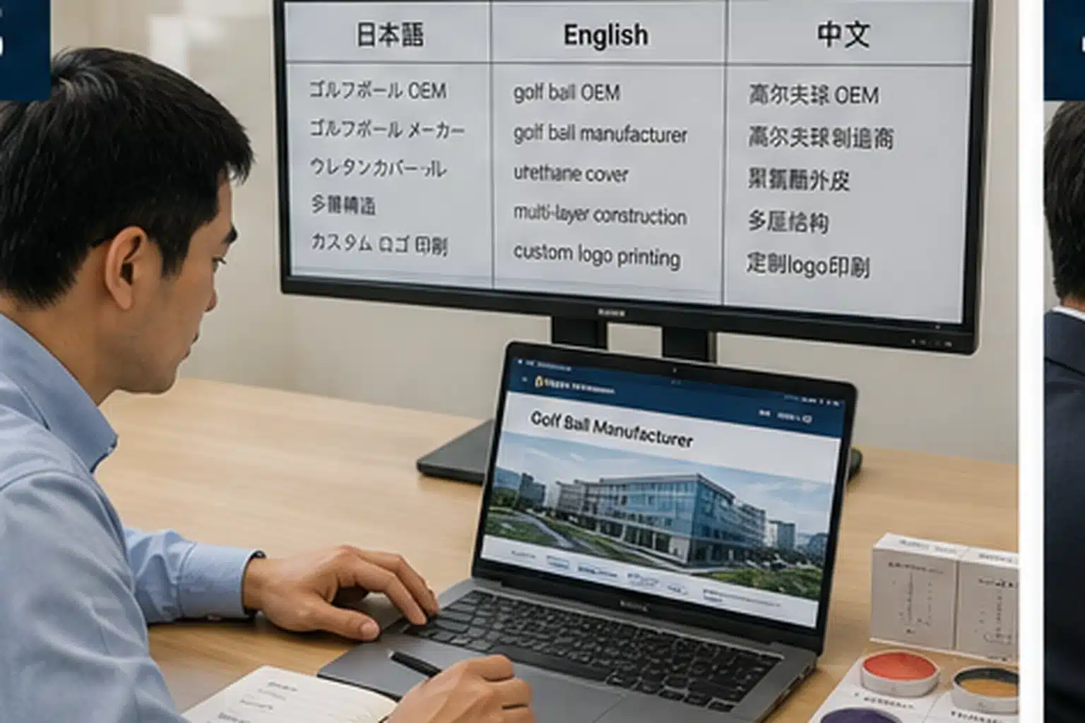 ゴルフボールOEMの多言語キーワード調査 商談室で担当者が日本語・英語・中国語の検索語を比較し、ゴルフボールOEMメーカーやウレタンカバー、多層構造、ロゴ印刷に対応する供給業者をオンラインで調査する工程