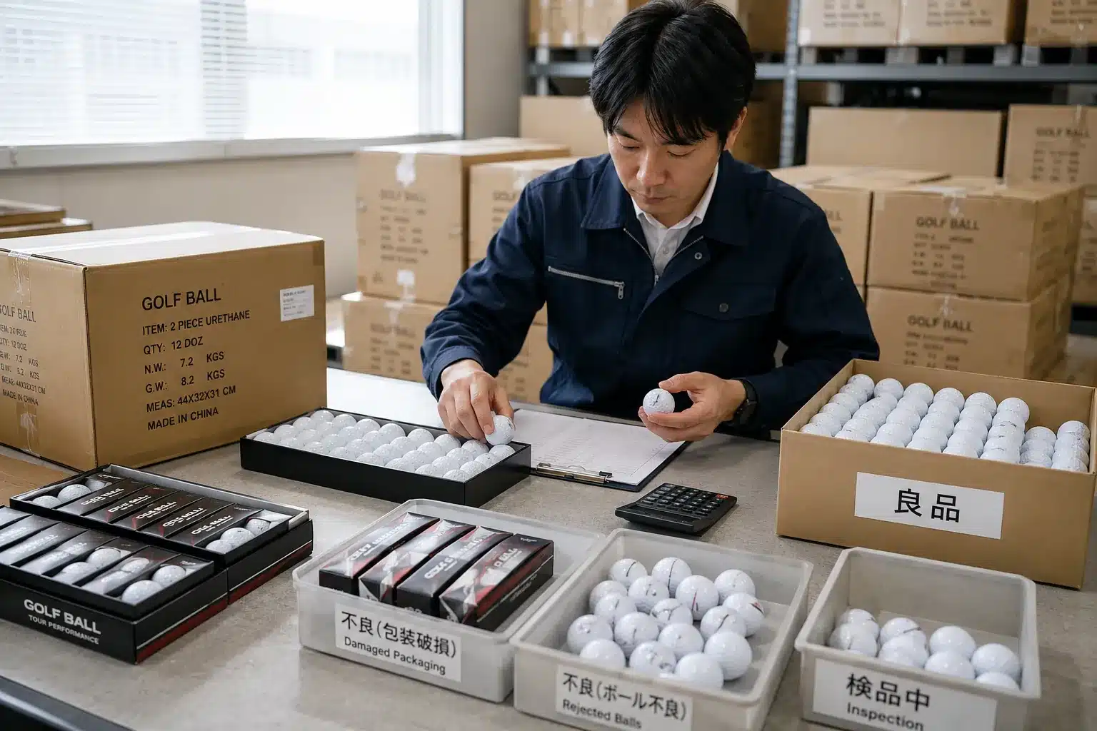 日本向けゴルフボールOEMの出荷前仕分け検品 輸出倉庫で担当者がゴルフボールと小売包装を検品し、良品、包装破損、不良品、検品中に仕分けながら日本向けOEM出荷前の品質を確認する工程