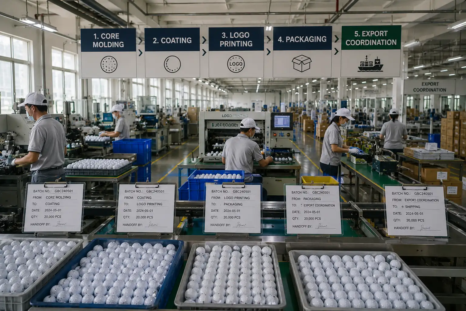 ゴルフボールOEMの一貫生産・ロット管理 ゴルフボール工場でコア成形、コーティング、ロゴ印刷、包装、輸出調整の各工程をロット番号で引き継ぎ、生産履歴と数量を一貫管理するOEM製造ライン