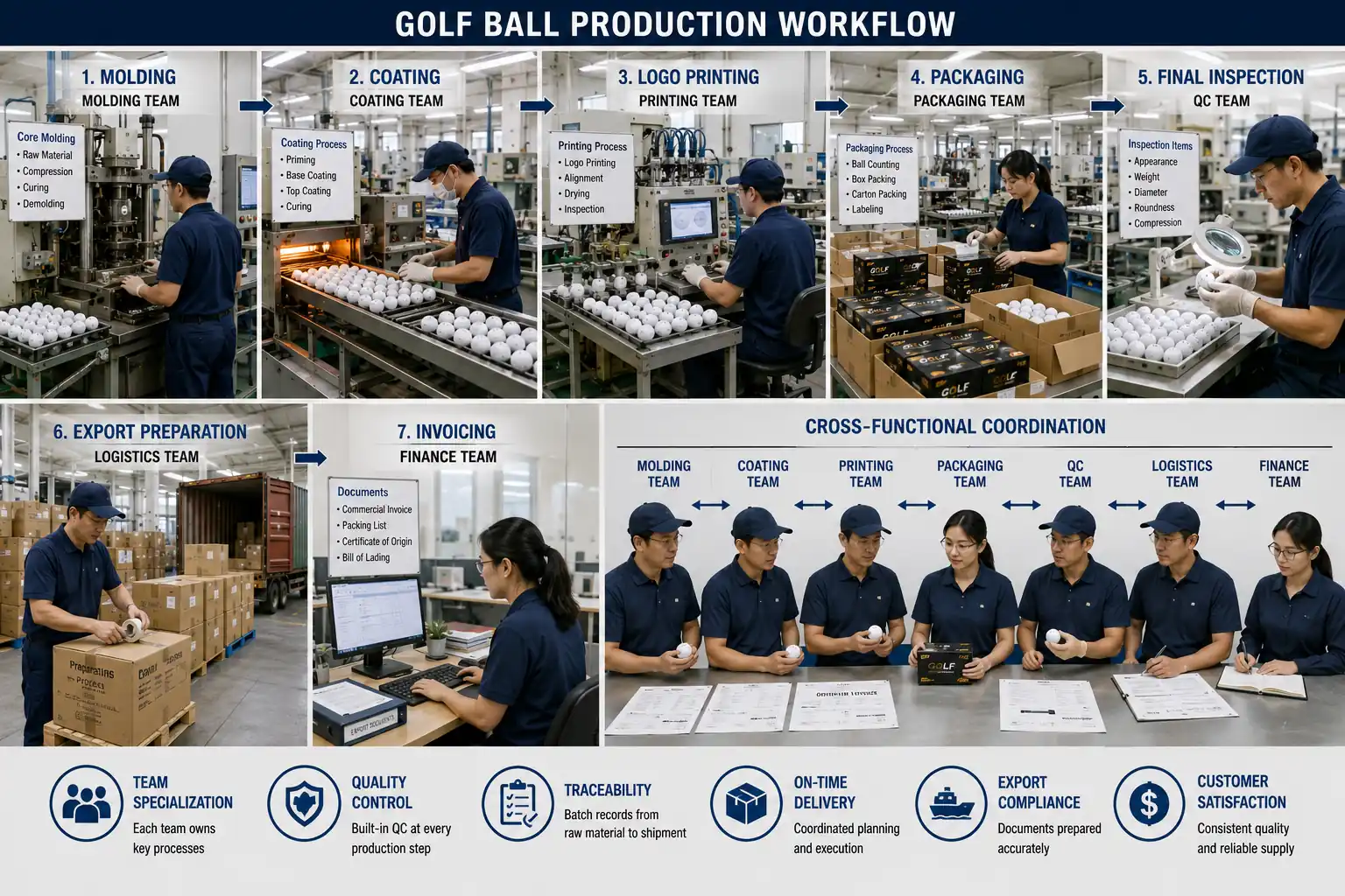 ゴルフボールOEMの製造・出荷ワークフロー ゴルフボール工場で成形、コーティング、ロゴ印刷、包装、最終検査、輸出準備、請求処理を部門間で連携し、OEM製造から出荷まで一貫管理する生産フロー