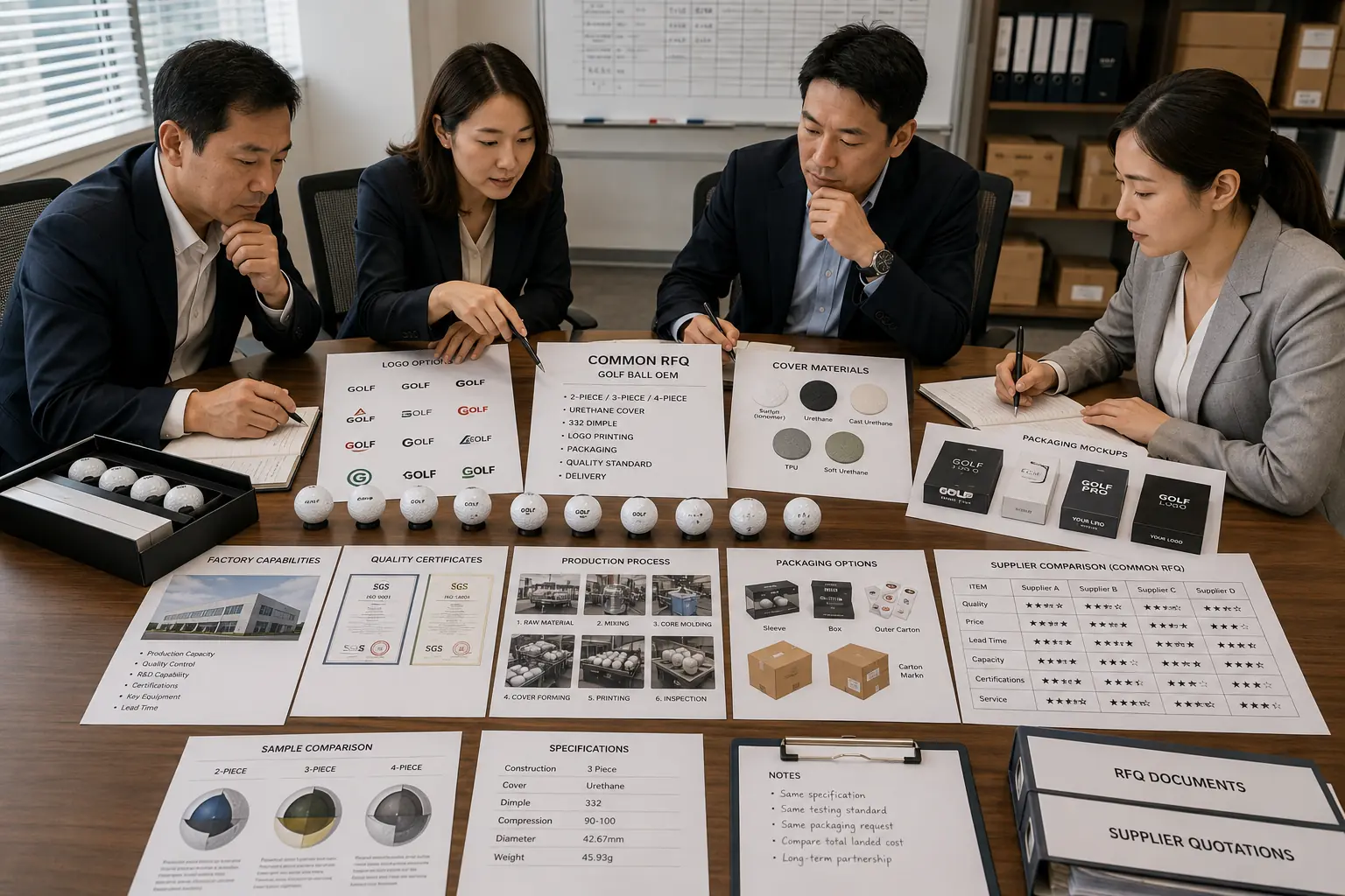 ゴルフボールOEMの共通RFQ・供給業者比較 商談室で担当者が共通RFQに基づき、ゴルフボールOEMの構造、カバー素材、ロゴ印刷、包装、品質認証、納期を比較して最適な供給業者を選定する調達会議