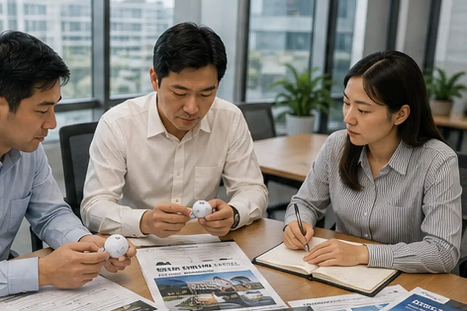 ゴルフボールOEMの試作サンプル・候補企業評価 商談室で担当者がゴルフボールの試作サンプルと供給業者資料を確認し、外観、ロゴ印刷、品質条件を比較しながらOEM候補企業を評価する選定会議