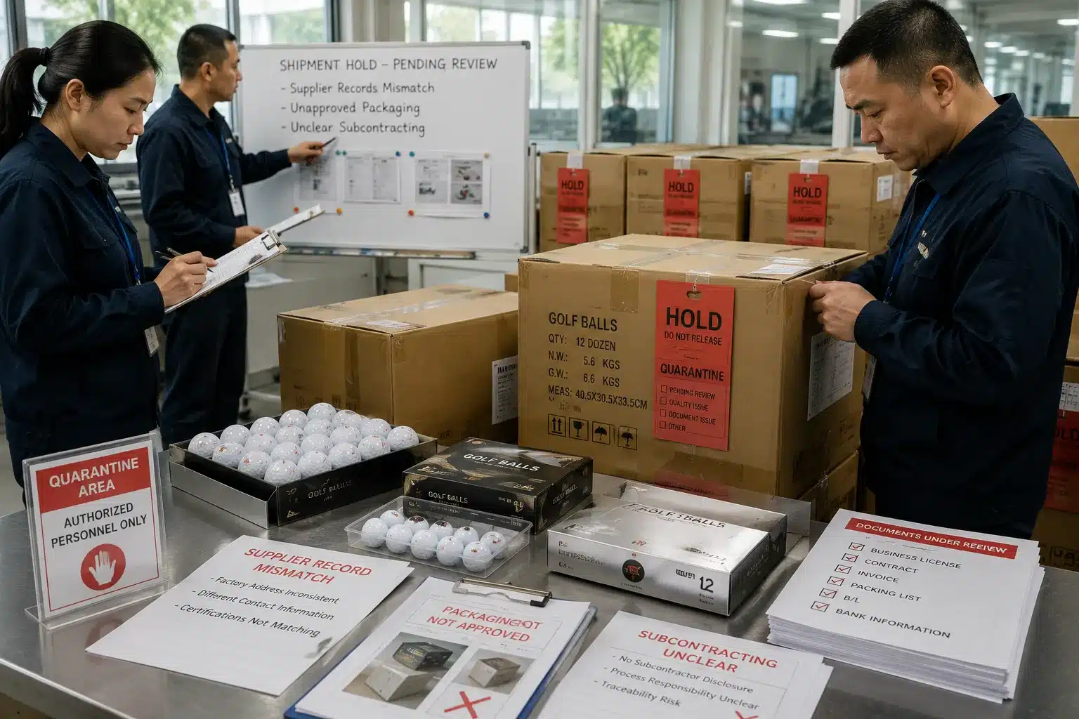 ゴルフボールOEMの隔離・出荷保留審査 品質管理室で担当者がゴルフボールOEMの梱包箱と出荷書類を確認し、供給業者情報の不一致、未承認包装、再委託先の不明点を理由に貨物を隔離して出荷保留とする審査工程