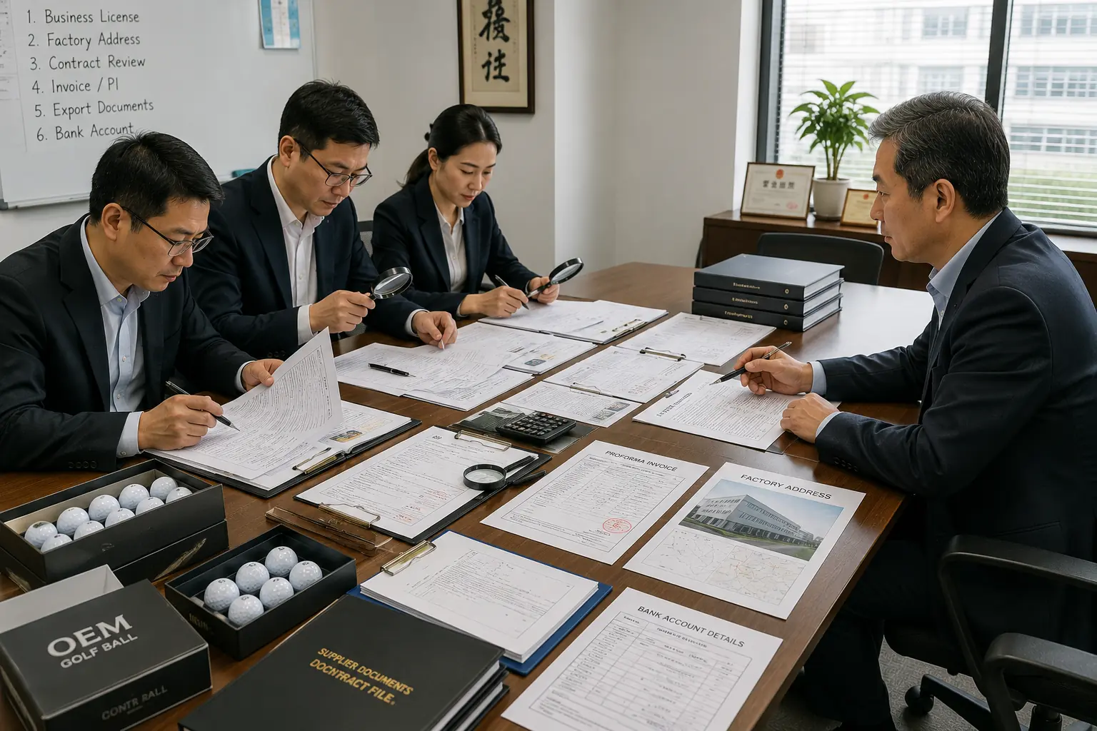 ゴルフボールOEM供給業者の取引前審査 商談室で担当者がゴルフボールOEM供給業者の営業許可証、工場所在地、契約書、輸出書類、銀行口座情報を照合し、取引前の企業確認と契約審査を進める場面