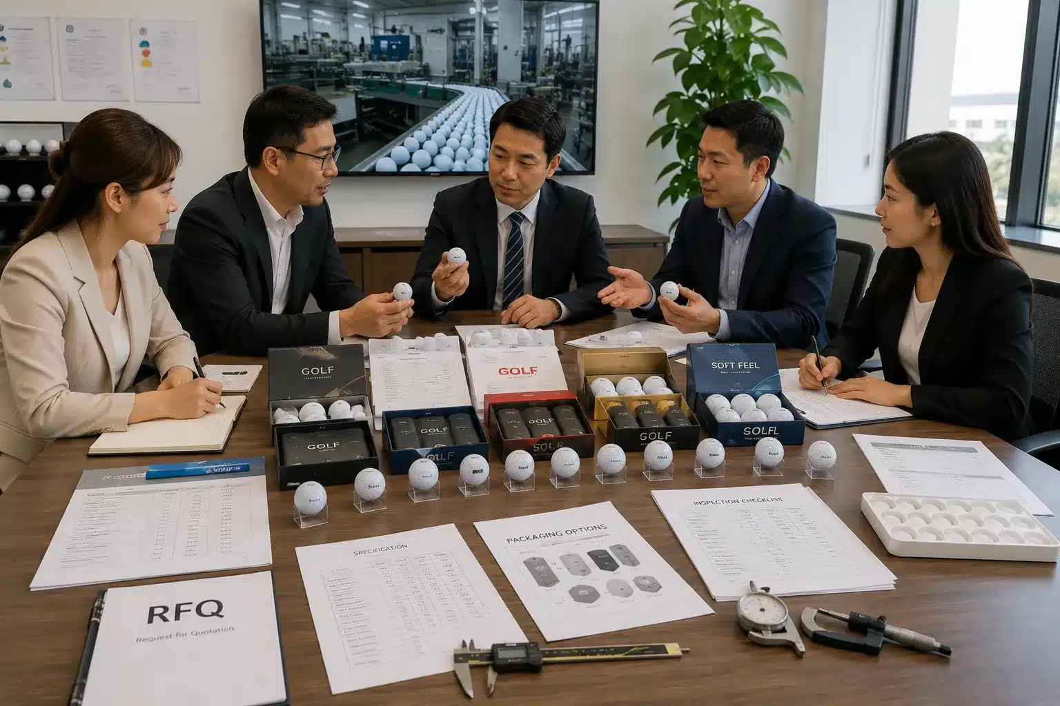 ゴルフボールOEMの見積・供給業者評価会議 商談室で担当者が複数のゴルフボールと包装サンプル、仕様書、検査資料を比較し、品質、価格、納期を確認してOEM供給業者を選定するための見積評価会議