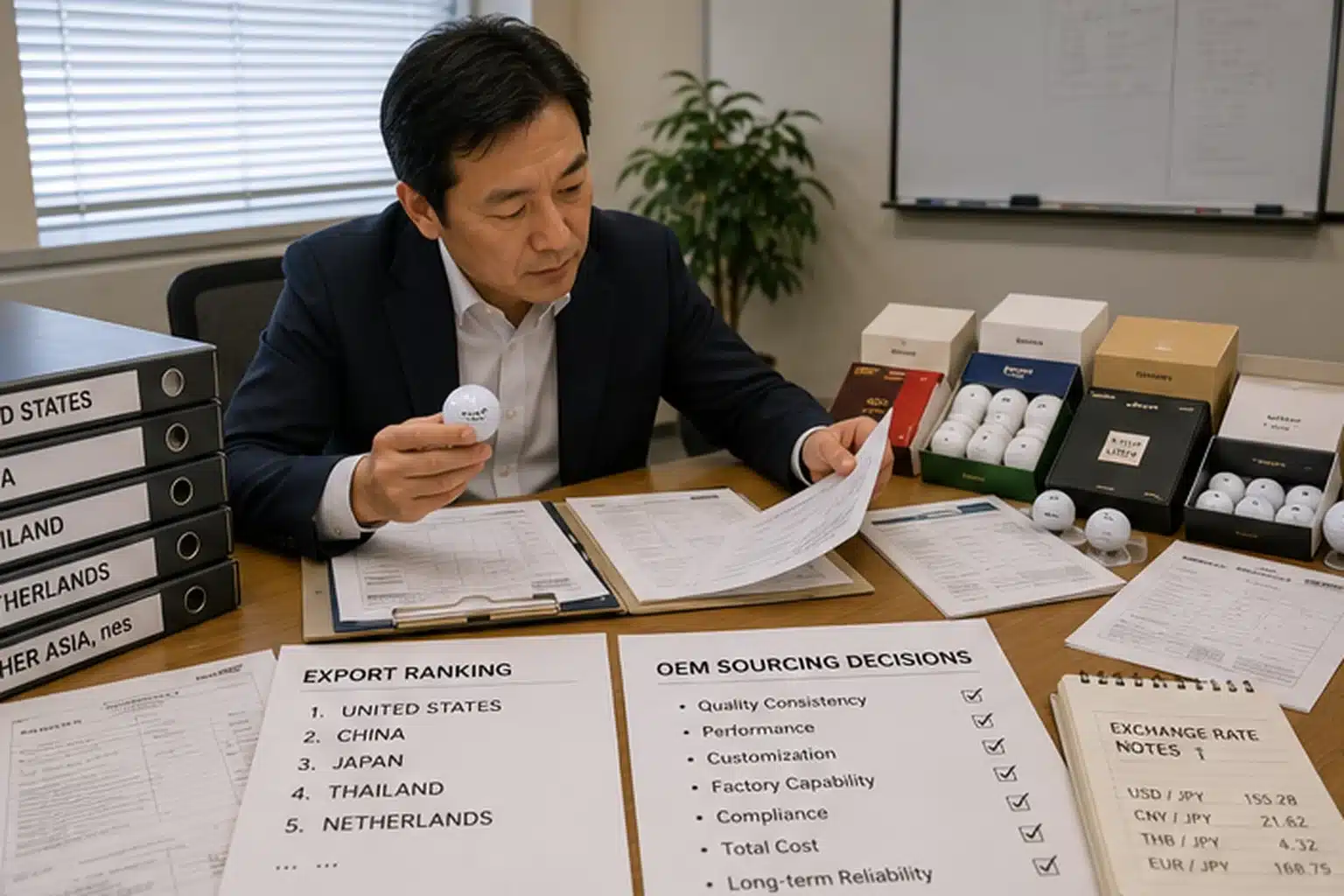 ゴルフボールOEMの海外調達先・供給力比較 商談室で担当者が複数国向けのゴルフボールサンプルと輸出資料を照合し、品質、価格、供給力を比較して日本市場向けOEM商品の調達先を選定する検討工程