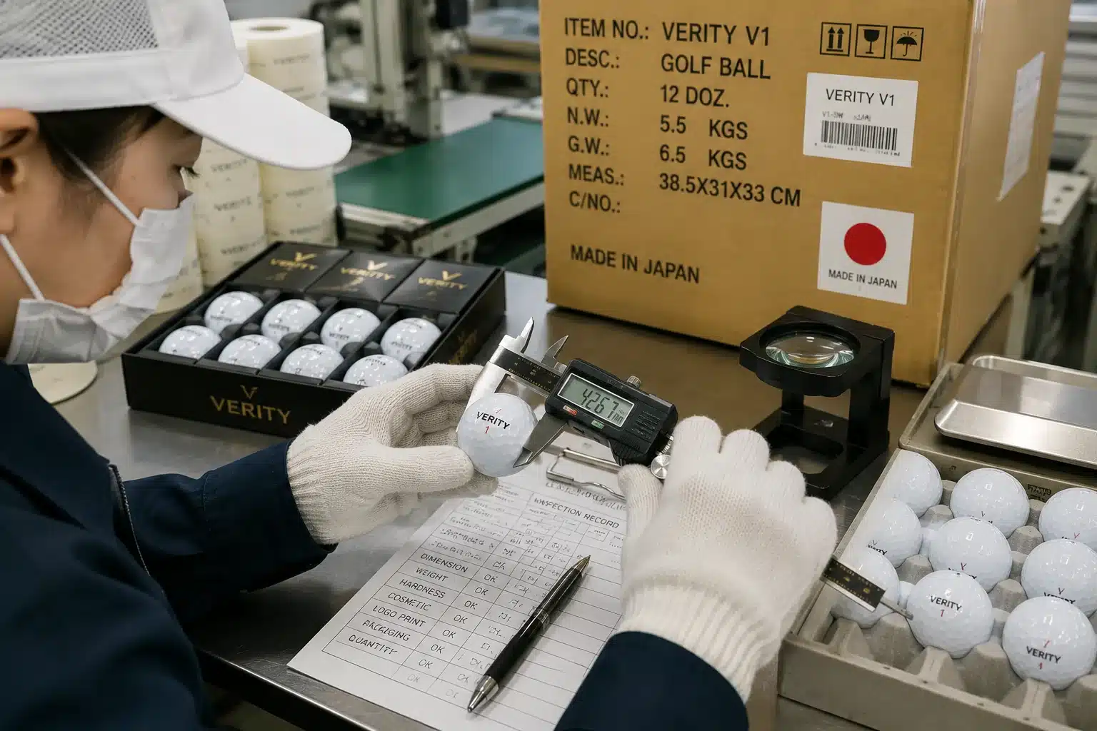 日本製ゴルフボールの直径測定・出荷前検査 日本のゴルフボール工場で検査担当者がノギスを使って完成品の直径を測定し、ロゴ印刷、外観、包装状態を検査記録と照合して国内生産品の出荷基準を確認する品質検査工程