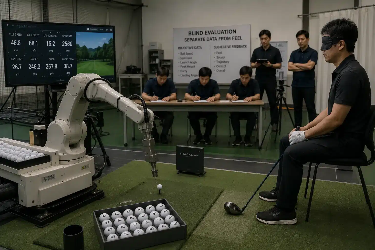 OEMゴルフボールのブラインド性能評価試験 試験施設で打撃ロボットと弾道測定器を用いてOEMゴルフボールの客観データを取得し、目隠し評価者の打感・音・操作性と分離して比較するブラインド性能評価