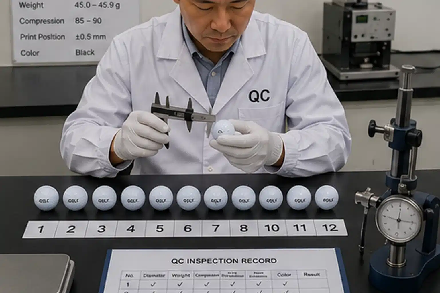 OEMゴルフボールの寸法測定と出荷前品質検査 品質管理室で検査担当者が測定機器を用いてOEMゴルフボールの直径とロゴ印刷位置を測定し、重量・硬度・外観を含む出荷前の品質検査記録を確認する工程