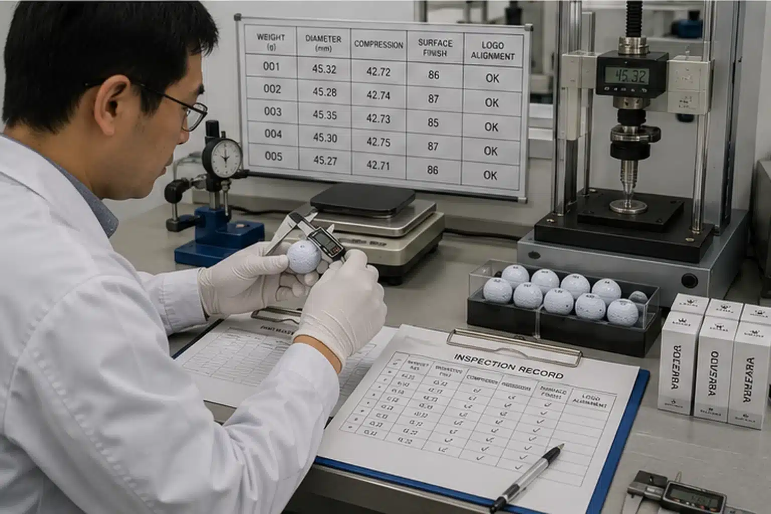 OEMゴルフボールの寸法測定と総合品質検査 品質管理室で検査担当者がデジタルノギスを用いてOEMゴルフボールの直径を測定し、重量・コンプレッション・表面仕上げ・ロゴ位置を記録する出荷前品質検査工程