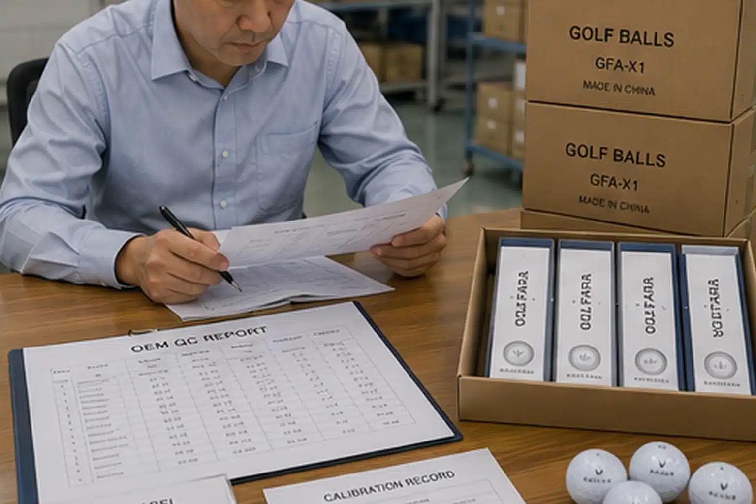 OEMゴルフボールの最終検査と出荷承認 倉庫の出荷管理室で担当者がOEMゴルフボールの最終品質報告書と校正記録を確認し、個包装品・外箱・検査結果を照合して出荷承認を行う工程